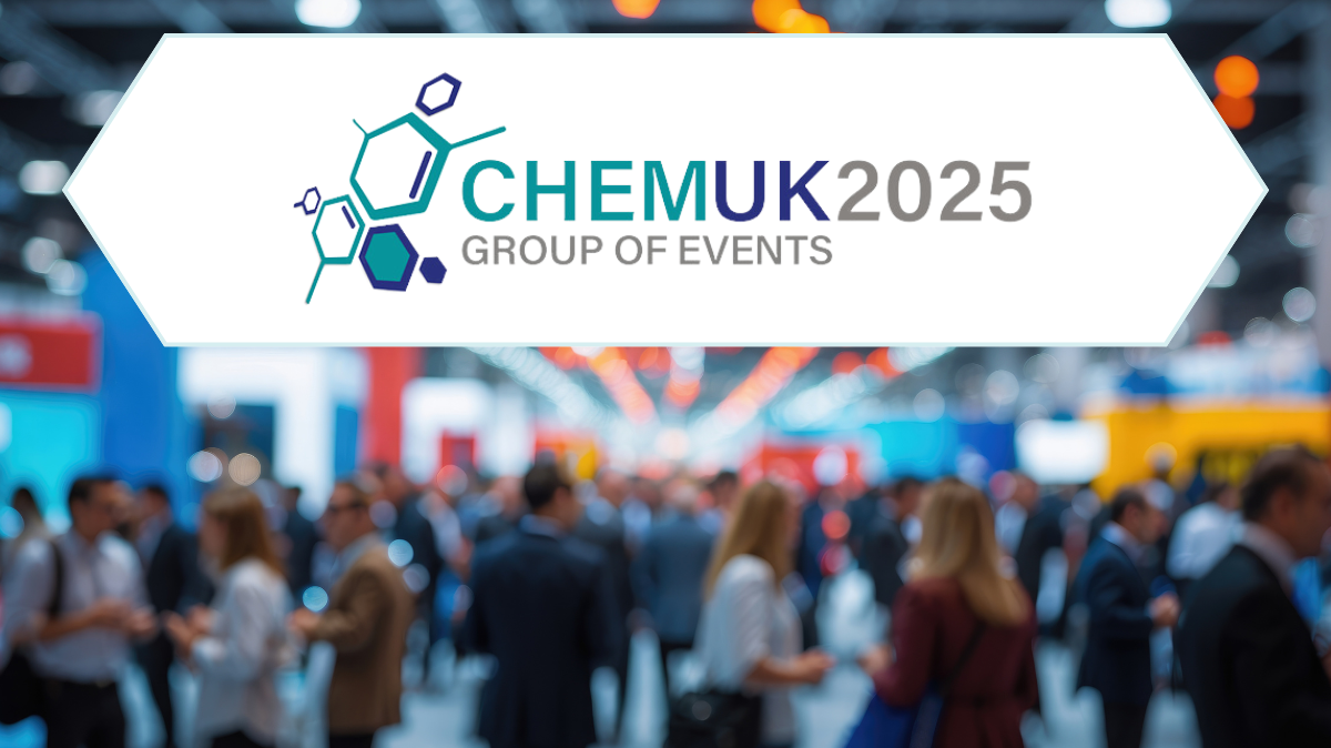 White banner with teal and dark blue molecular structure logo, displaying ’chemuk2025 group of events’ in bold sans-serif font