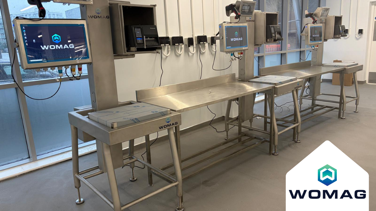 Stainless steel womag meat inspection station with integrated digital screens and weighing platforms