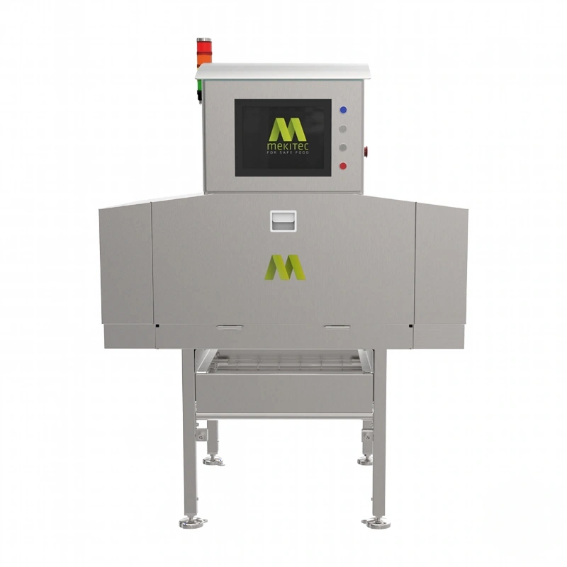Gray industrial metal x-ray inspection machine with a green logo and control panel