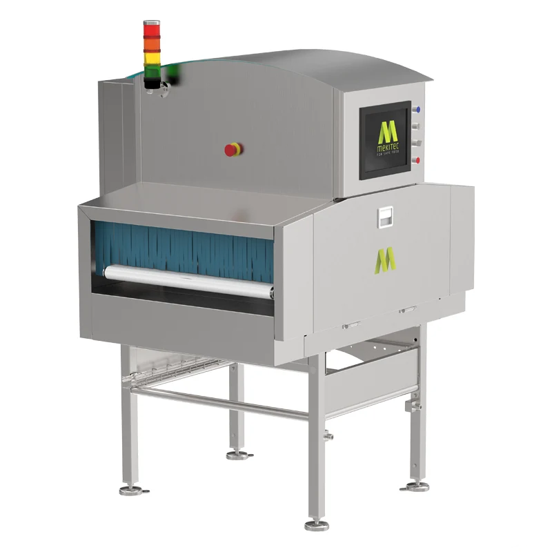 Industrial-grade stainless steel food safety inspection machine with a digital display and red-yellow-green signal lights