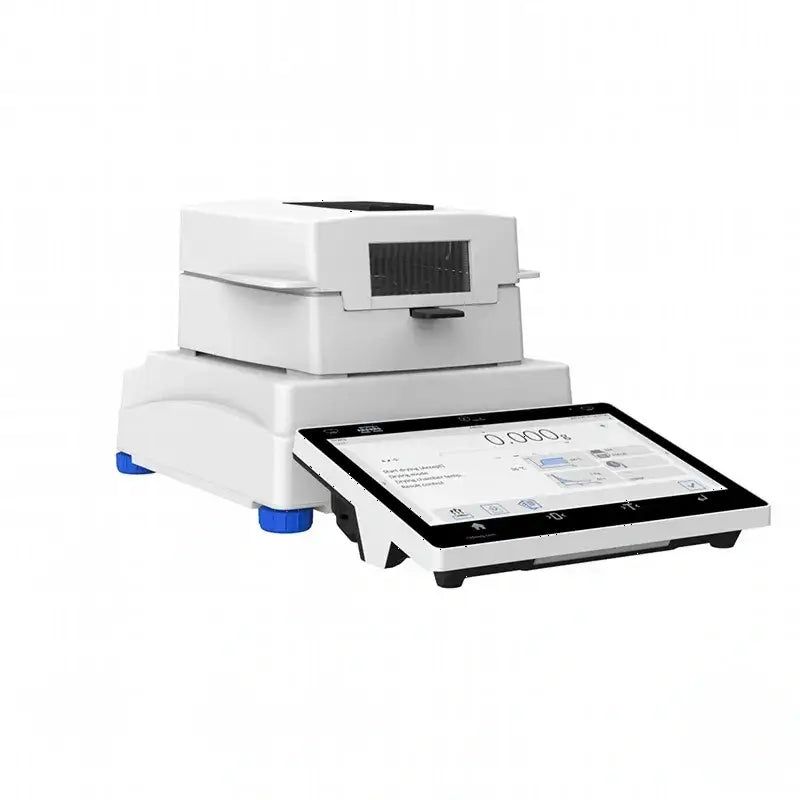 White laboratory-grade digital scale with a touchscreen display and blue feet