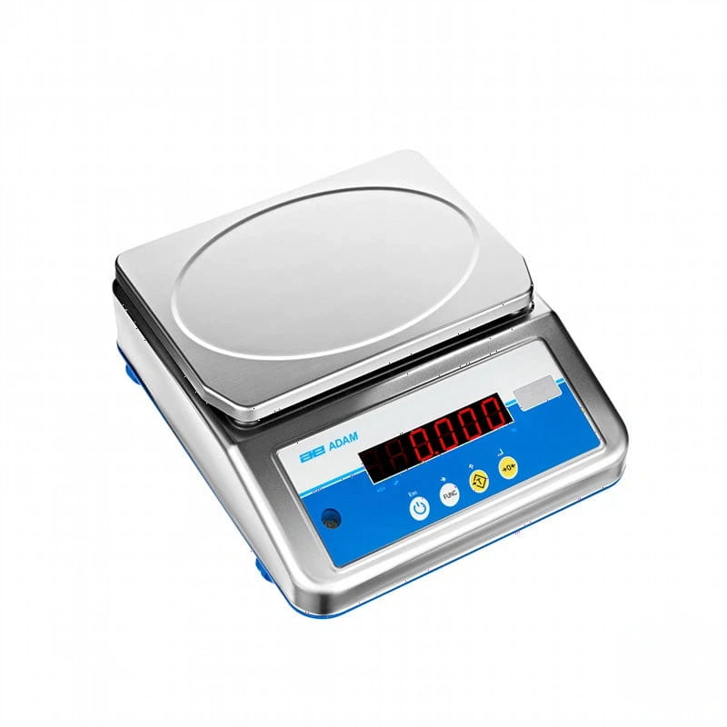 Silver digital scale with a blue control panel and red led display