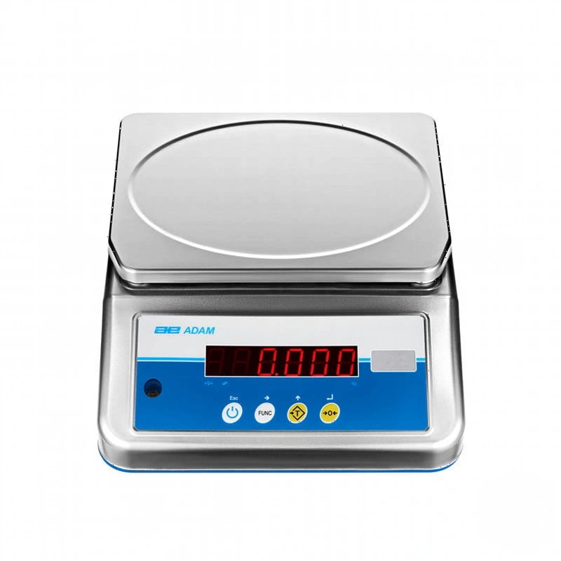 Silver digital scale with a blue control panel and red led display, featuring the ’adam’ brand logo