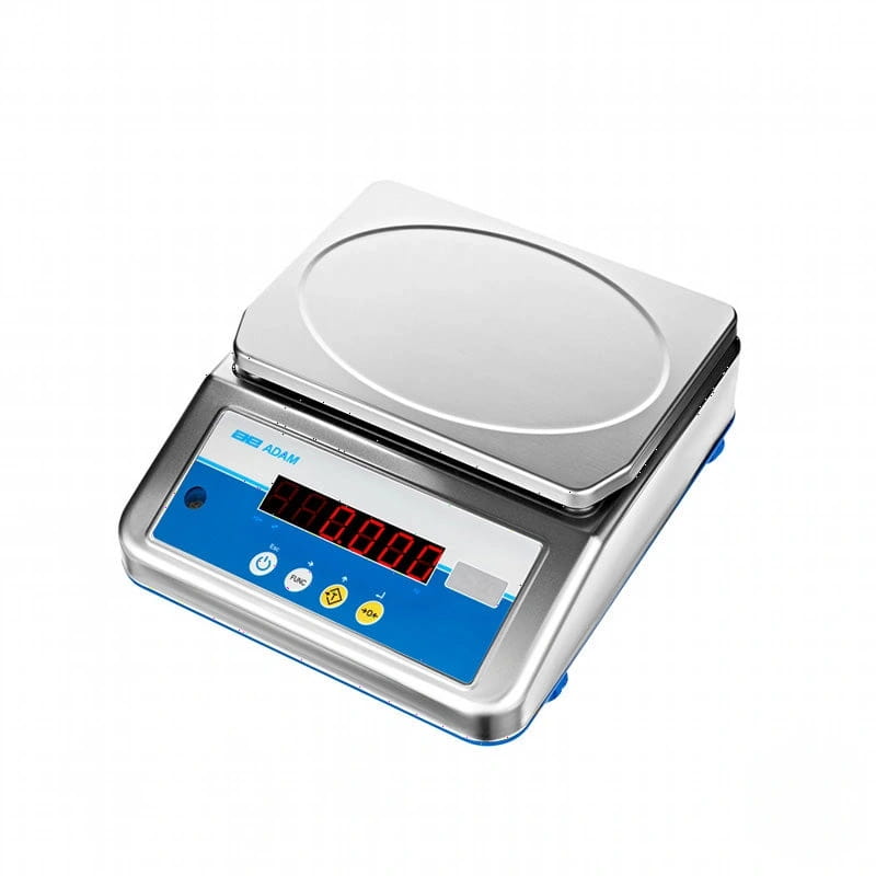 Silver digital scale with a blue control panel and red led display