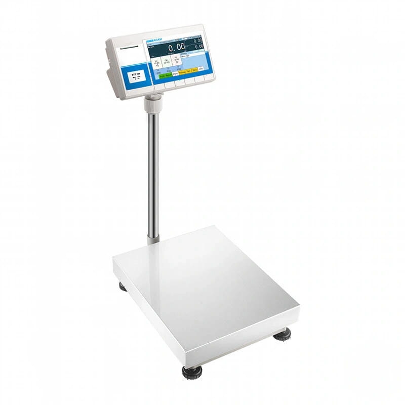 Silver digital platform scale with a blue and white display screen