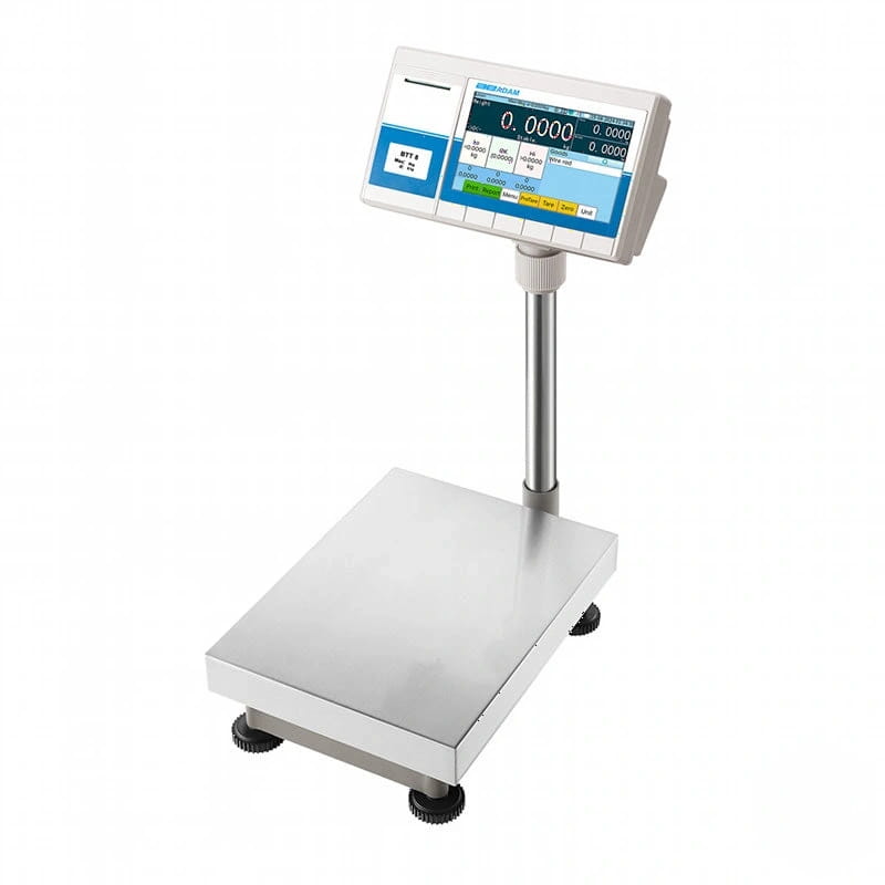 Industrial-grade stainless steel platform scale with a digital display featuring blue and white interface