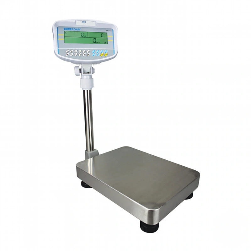 Silver digital platform scale with a white display unit and stainless steel weighing surface