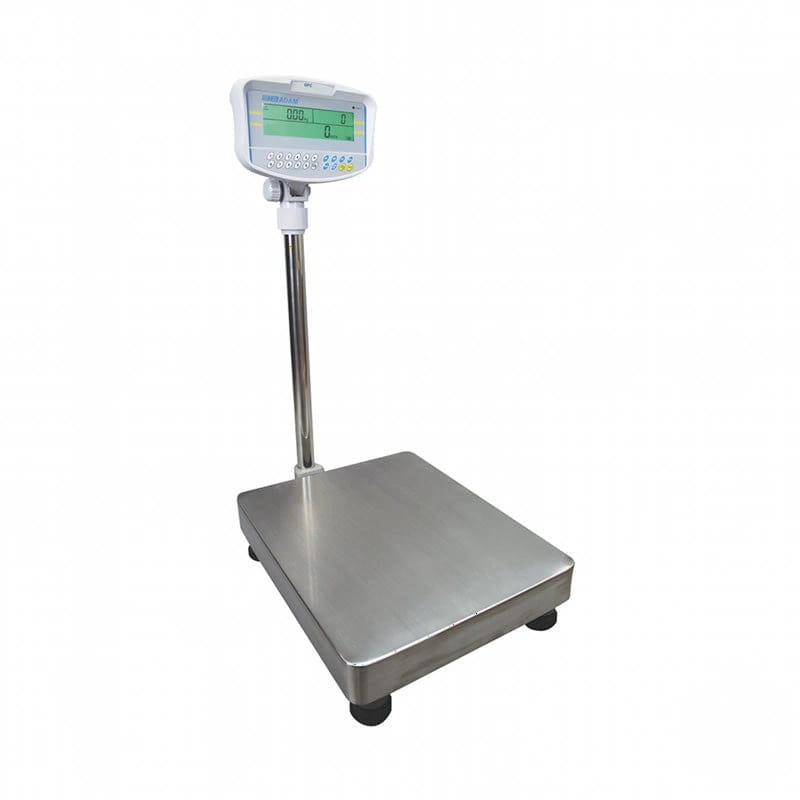 Silver stainless steel platform scale with a digital display and control panel