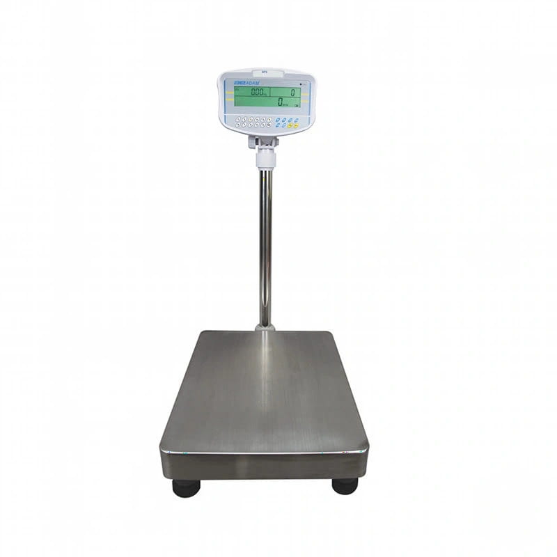 Industrial-grade stainless steel platform scale with a white digital display and keypad