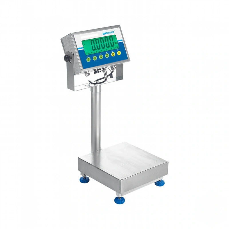 Silver industrial scale with a digital display featuring green numbers on a blue panel and four yellow buttons