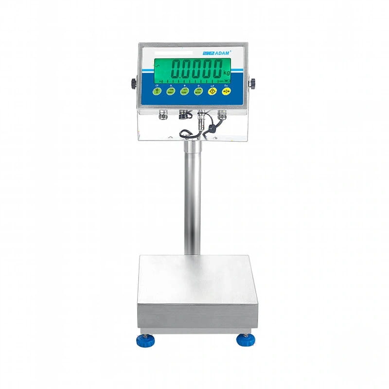 Silver industrial digital scale with a blue and green display panel, stainless steel platform, and adjustable feet