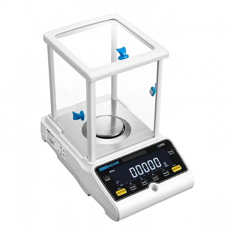 White digital analytical balance with transparent draft shield and blue handles, featuring a black display panel with yellow buttons