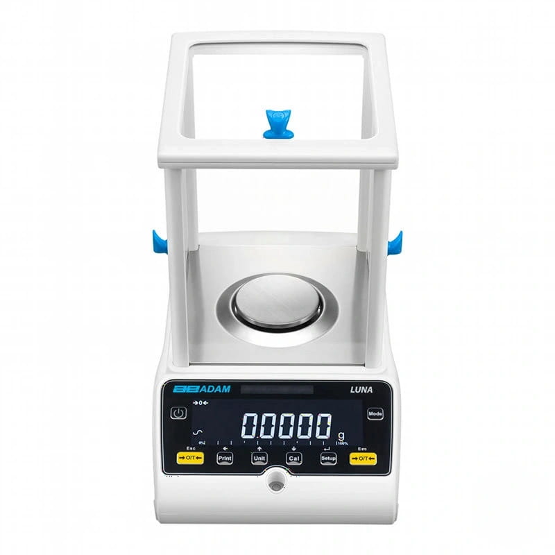 White laboratory balance with blue accents and a digital display showing ’0.0000 g’