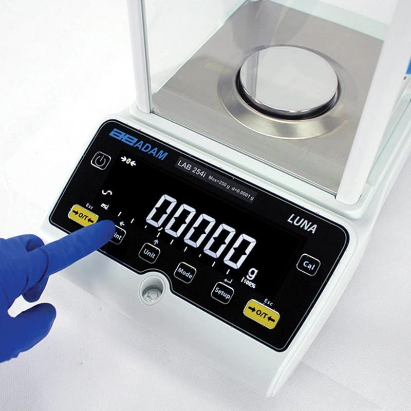 White beadam lab 254i luna analytical balance with a digital display and stainless steel weighing pan