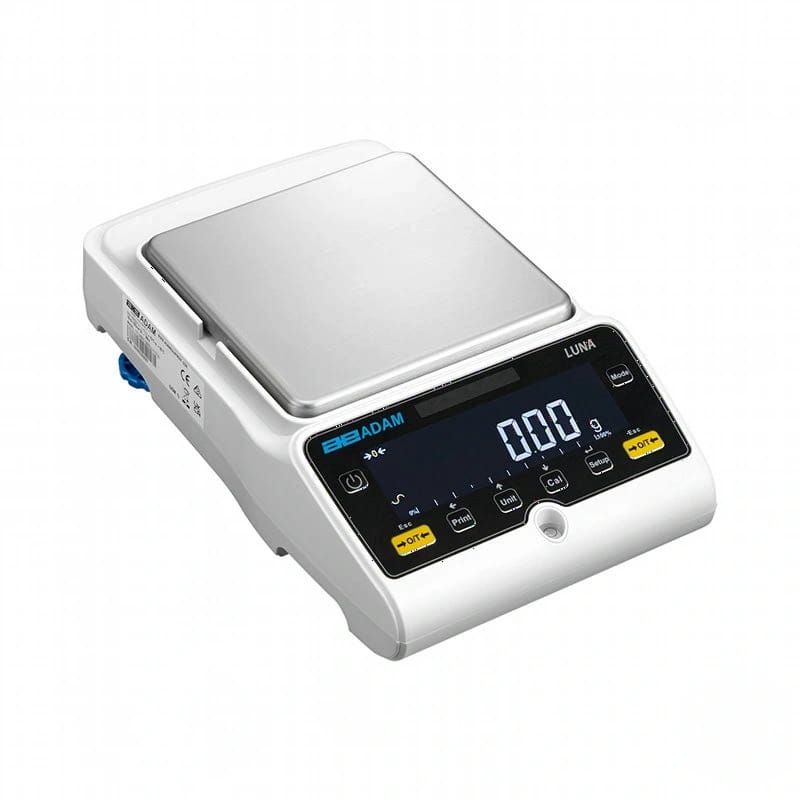 White digital scale with a stainless steel weighing platform and black control panel featuring yellow buttons