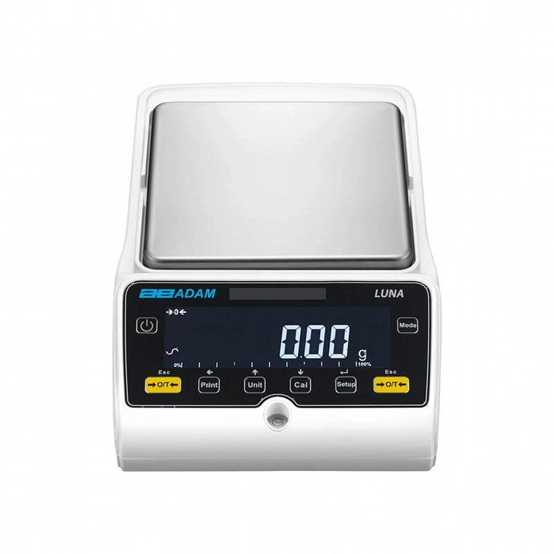White digital scale with a stainless steel weighing platform and black control panel featuring yellow buttons, branded as ’b&adam luna.’