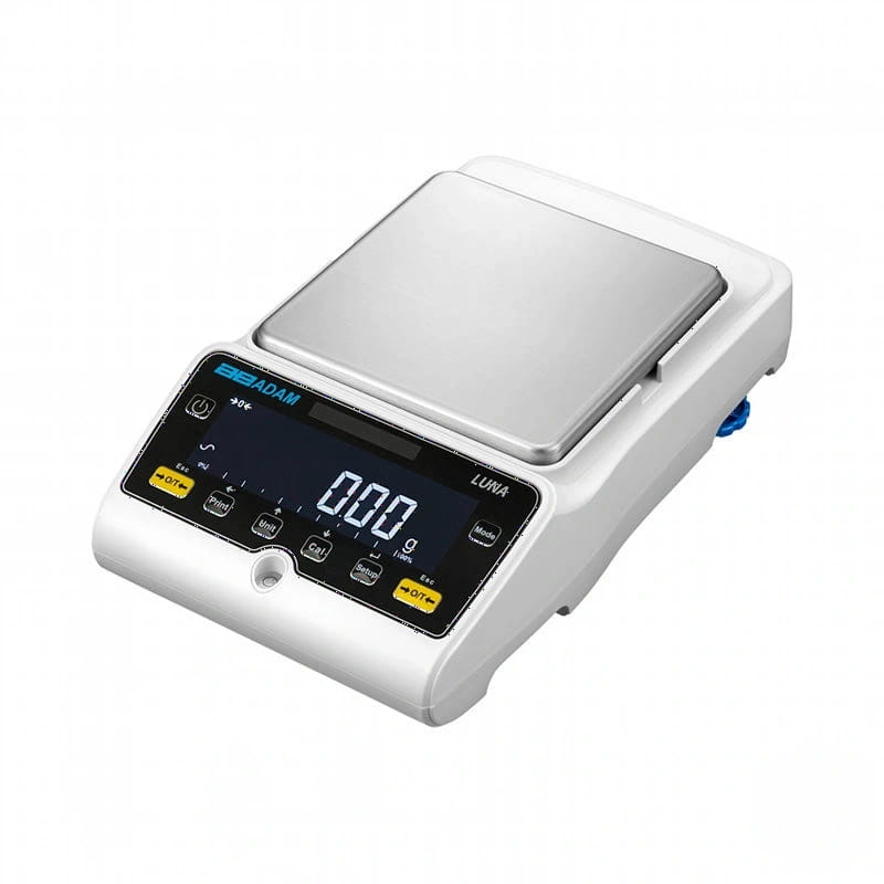 White digital scale with a silver weighing platform and black control panel featuring yellow buttons, branded as ’seadam luna’