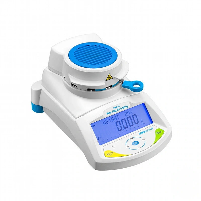 White and blue digital laboratory balance with a circular weighing platform, branded as ’adam’ on its display
