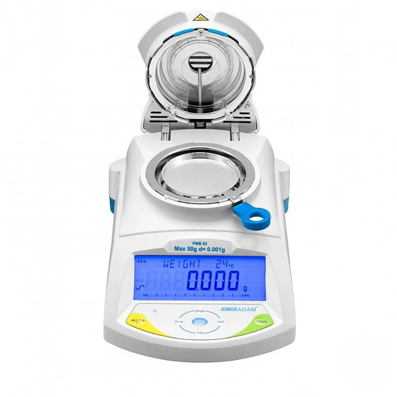 White and blue digital laboratory balance with a transparent weighing chamber, model pmb 83 by sartorius