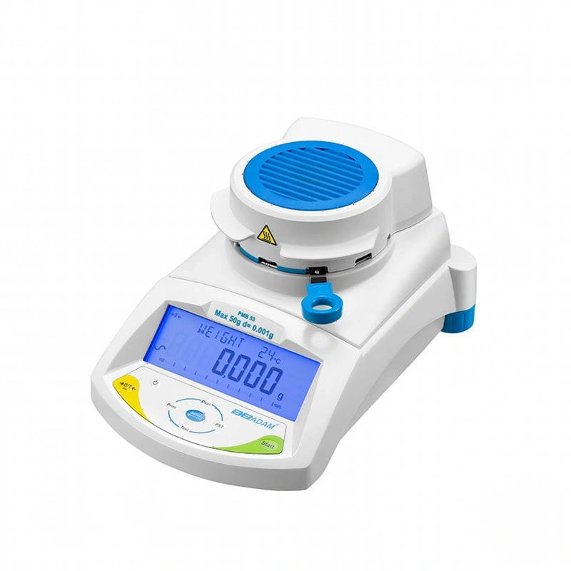 White and blue digital laboratory balance with a circular weighing platform, branded ’bemadam’ on the front panel