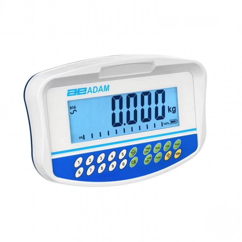 White and blue digital scale with a rectangular display showing ’0.000 kg’ and labeled as an adam brand weighing device