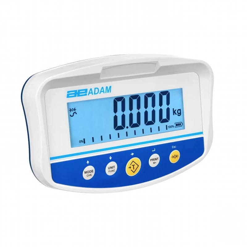 White and blue digital scale with a rectangular display showing ’0.000 kg’ and four circular buttons below the screen, branded as “adam.”