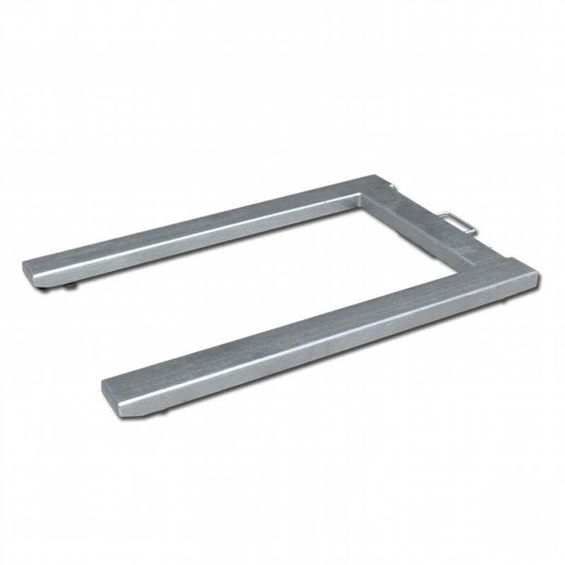 Silver metallic u-shaped pallet jack frame with a sturdy, industrial design