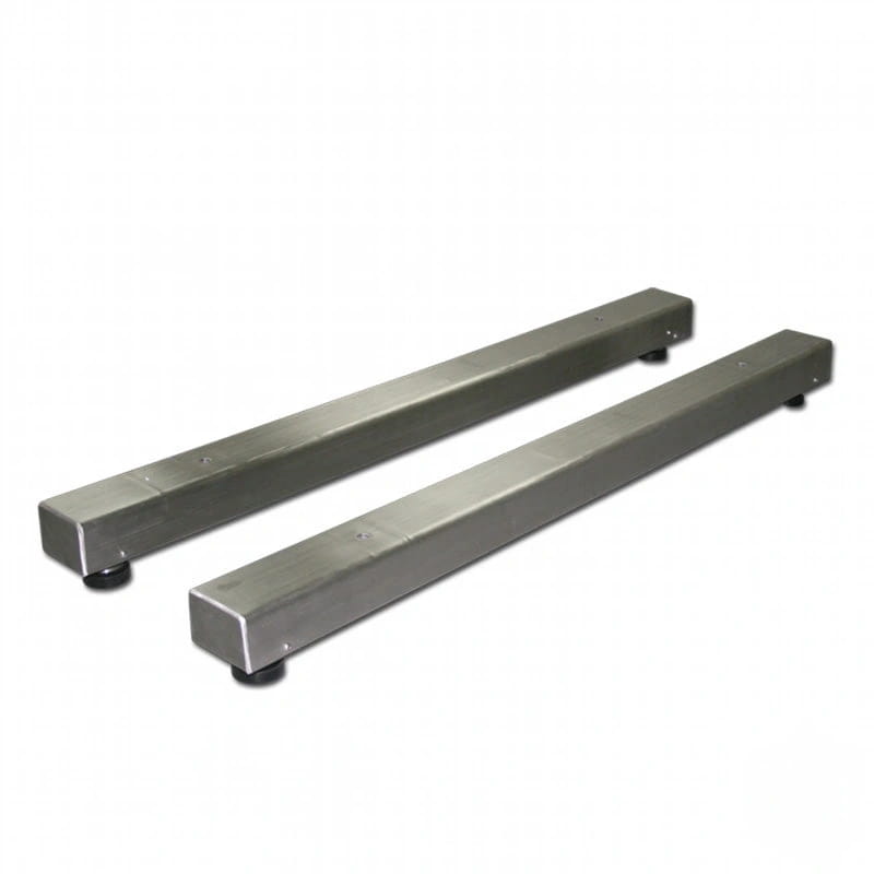 Two sleek, silver metallic table legs with a brushed finish and black rubber feet