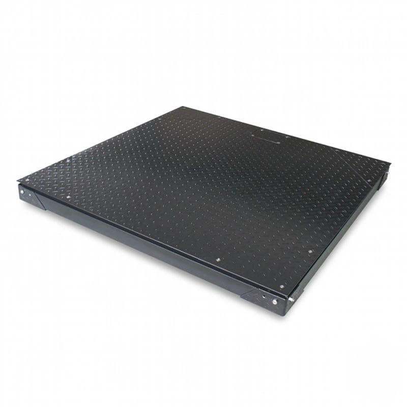 Black industrial-grade platform scale with a diamond plate textured surface and sturdy metal frame