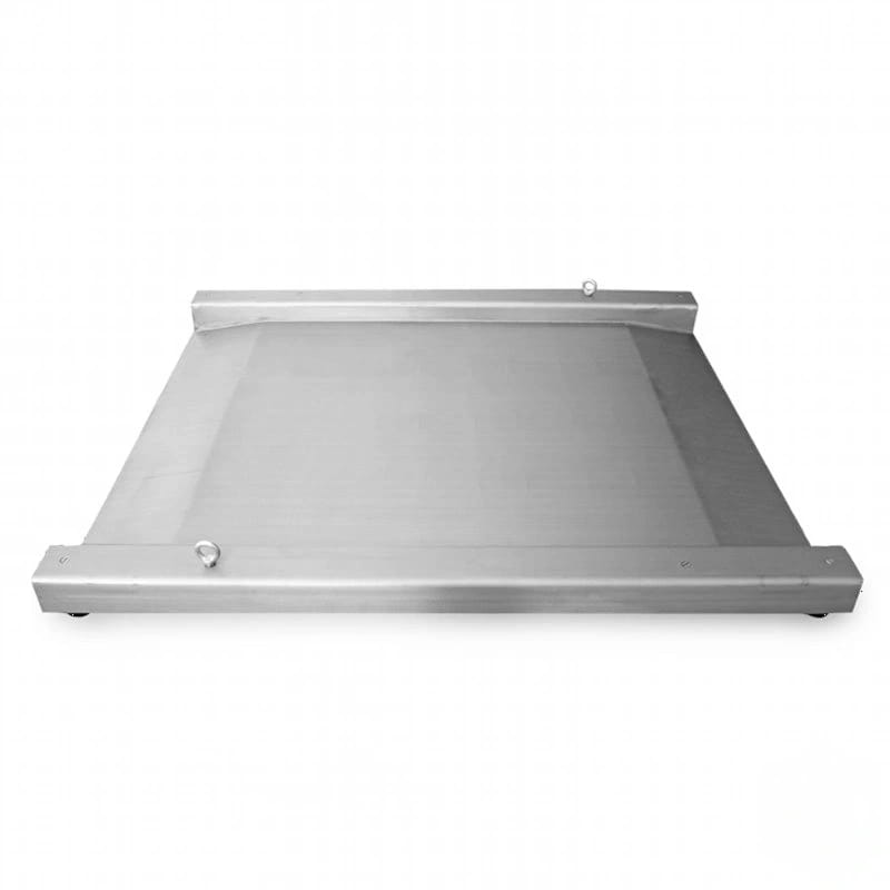 Stainless steel rectangular weighing platform with a smooth, reflective surface and rounded edges