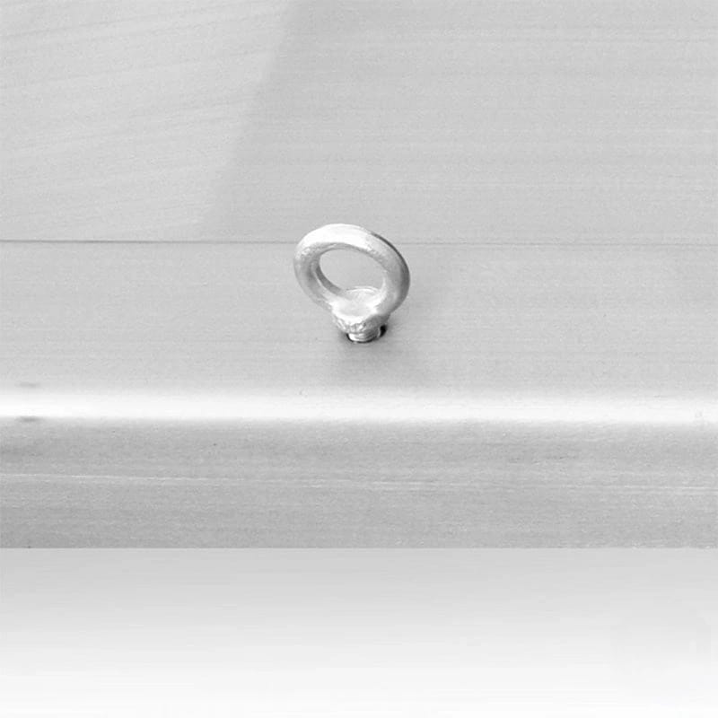 A sleek, silver-toned metal eye bolt with a smooth, rounded ring and threaded base