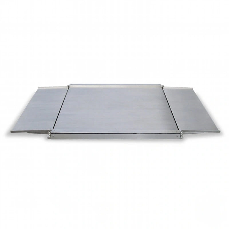 Silver metallic folding ramp with three sections and a sleek, industrial design