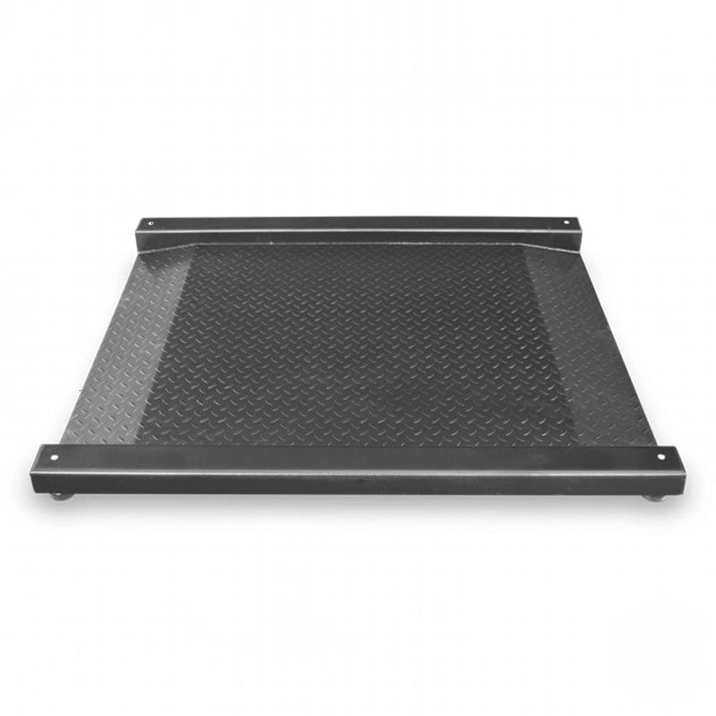 Black diamond plate metal platform with reinforced side rails and caster wheels