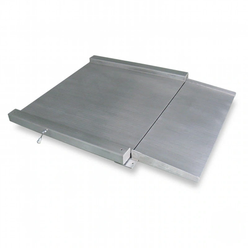 Silver metallic industrial weighing platform with a hinged design and visible locking mechanism
