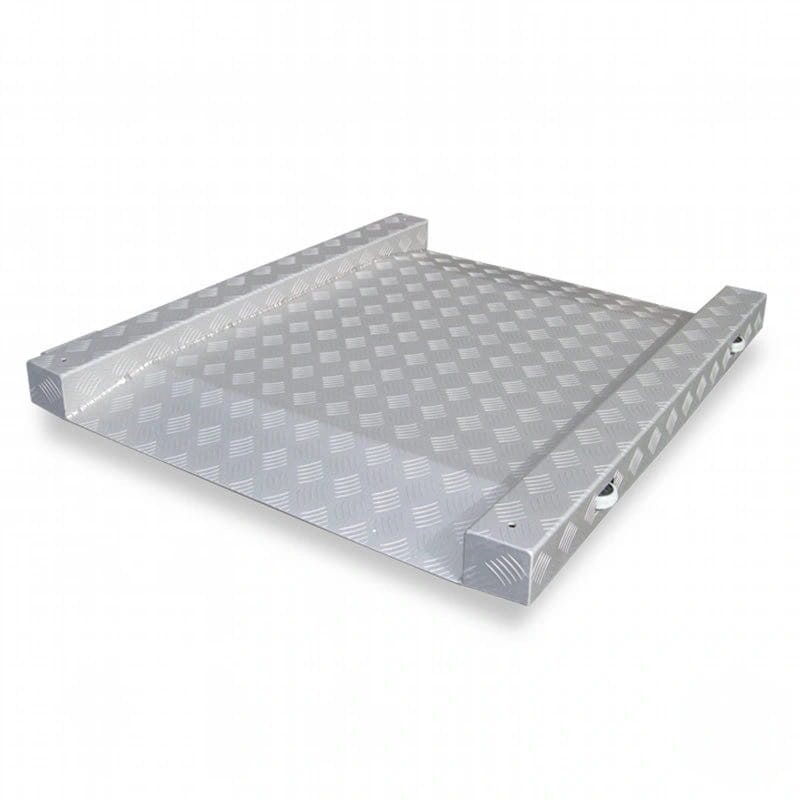 Silver aluminum platform with a diamond plate texture and reinforced edges