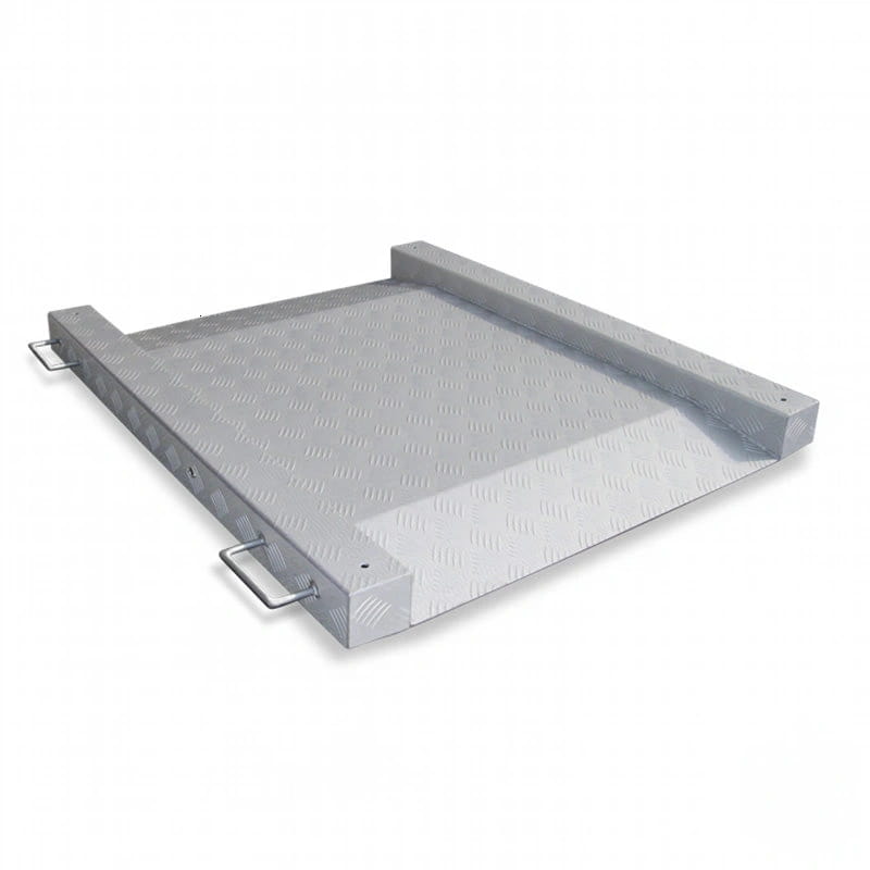 Gray metallic platform scale with diamond plate texture and integrated side rails