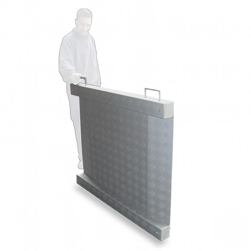 Gray metallic industrial weighing platform with diamond plate texture and integrated handles