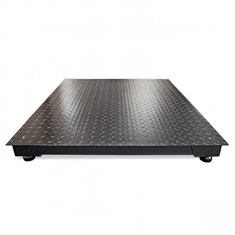 Black diamond plate industrial floor scale with sturdy metal construction and four caster wheels