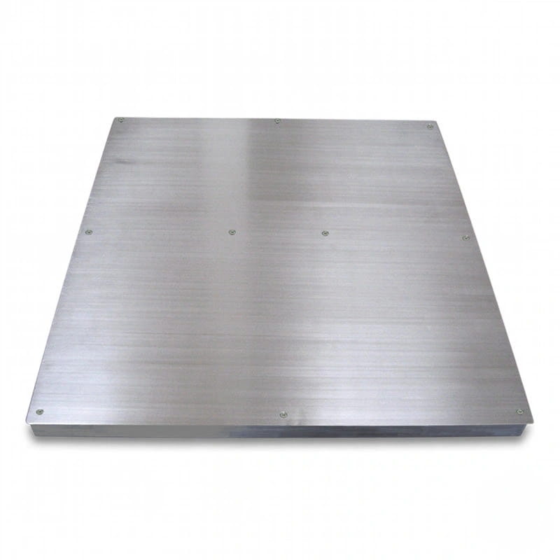 Rectangular stainless steel weighing platform with a brushed metallic finish and visible mounting screws at each corner