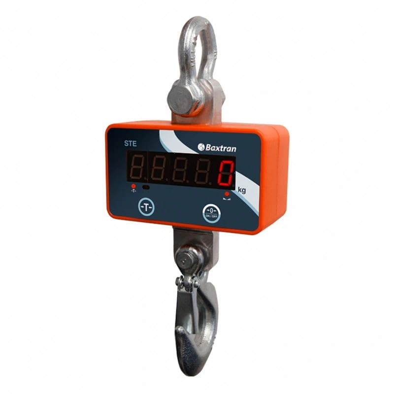 Orange and black digital hanging scale with a stainless steel hook and loop