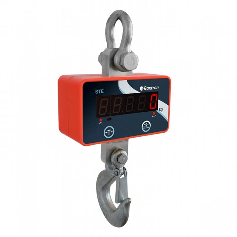 Red and black digital hanging scale with a metallic hook, branded baxtran