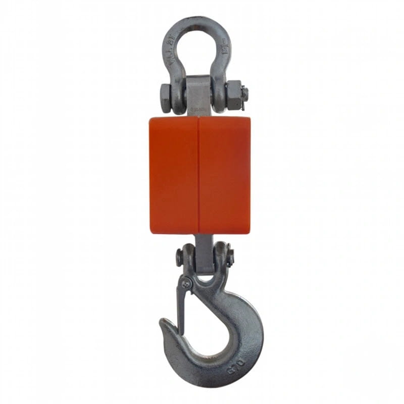 Orange rectangular hanging scale with metallic hooks and a sturdy, industrial design