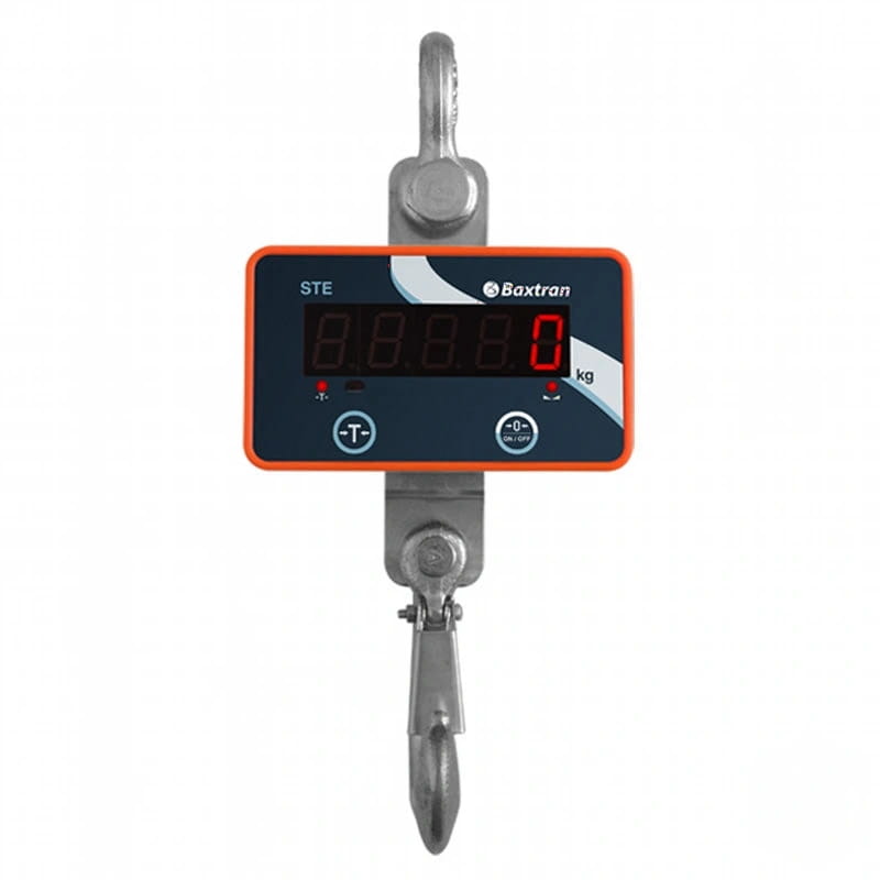 Baxtran ste digital hanging scale with orange and black display, stainless steel hooks and frame