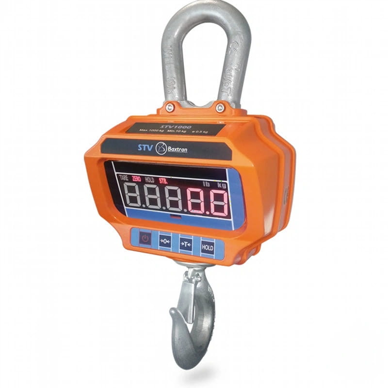Orange digital hanging scale with a silver hook and loop, branded baxtron stv1000