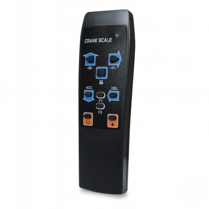 Black plastic remote control for a crane scale with blue and orange buttons