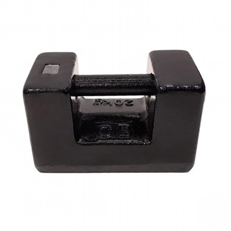 Black 20kg cast iron weight with a matte finish and embossed markings