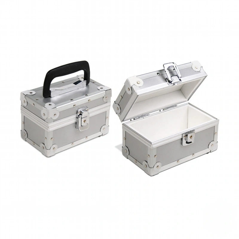 Silver aluminum travel case with black handle and white interior