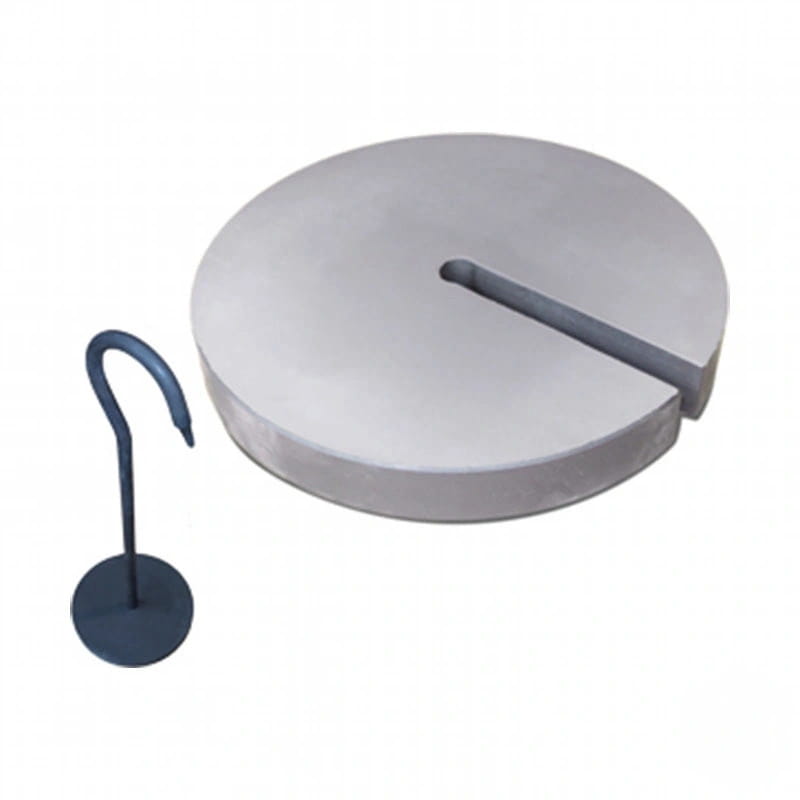 Gray circular concrete planter with a cutout slot and a matching dark blue metal hook stand