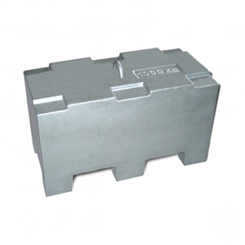 Gray metallic 1000 kg calibration weight with a sturdy rectangular design and integrated handle