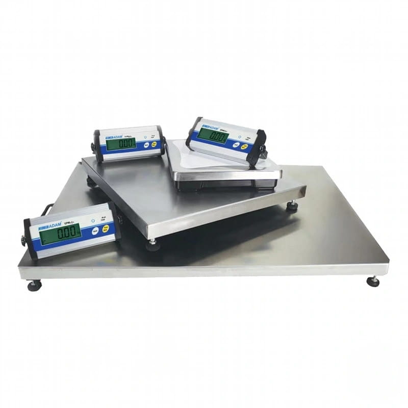 Stainless steel platform scales with digital displays and black casters